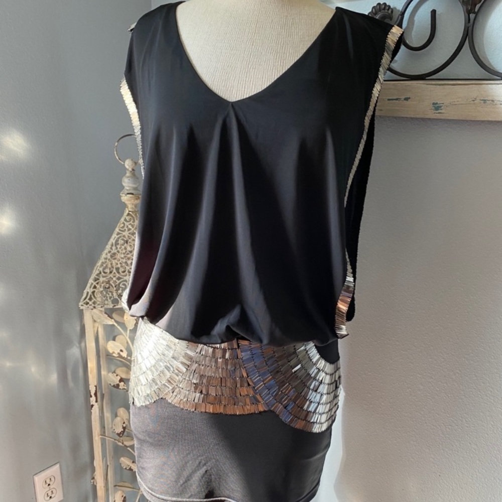 Mini Dress Blouson Embellished Mini Sequin Black Size Small EUC